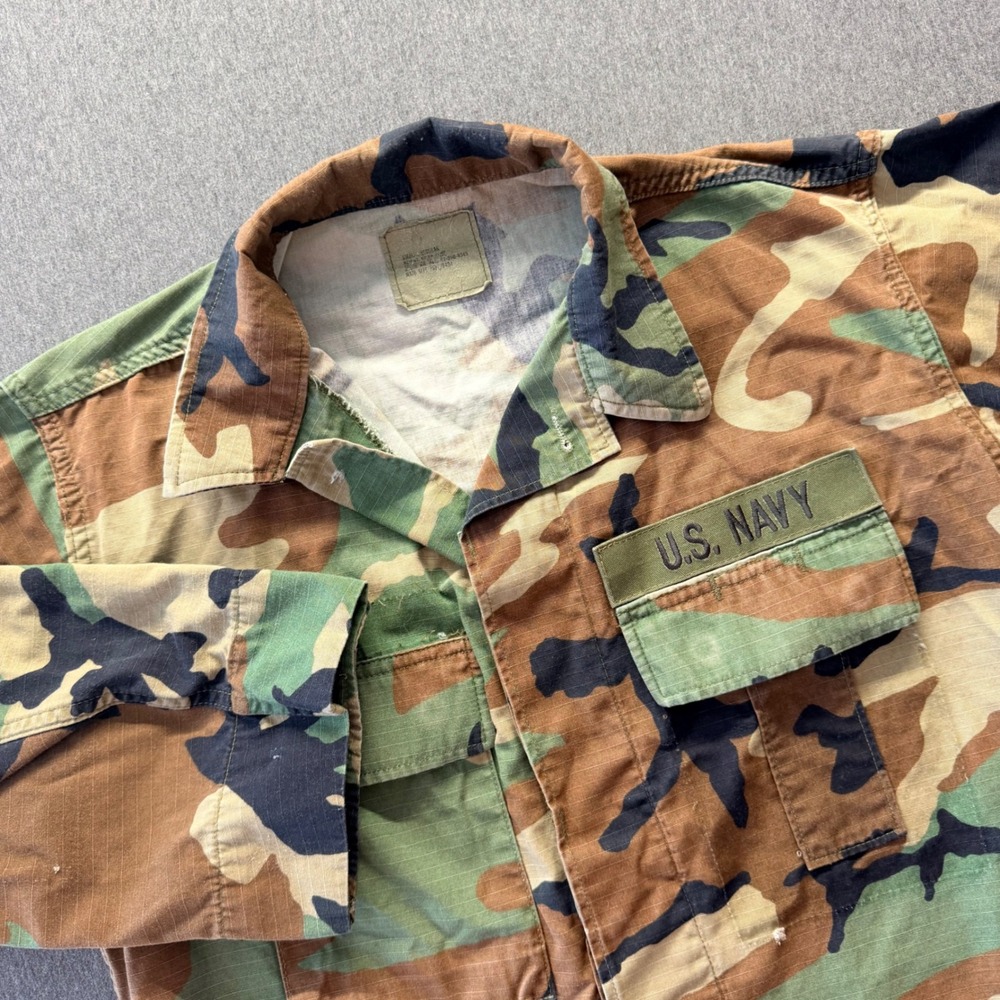 Vintage US Navy Woodland Camo BDU Shirt Ripstop Military Field Jacket Medium